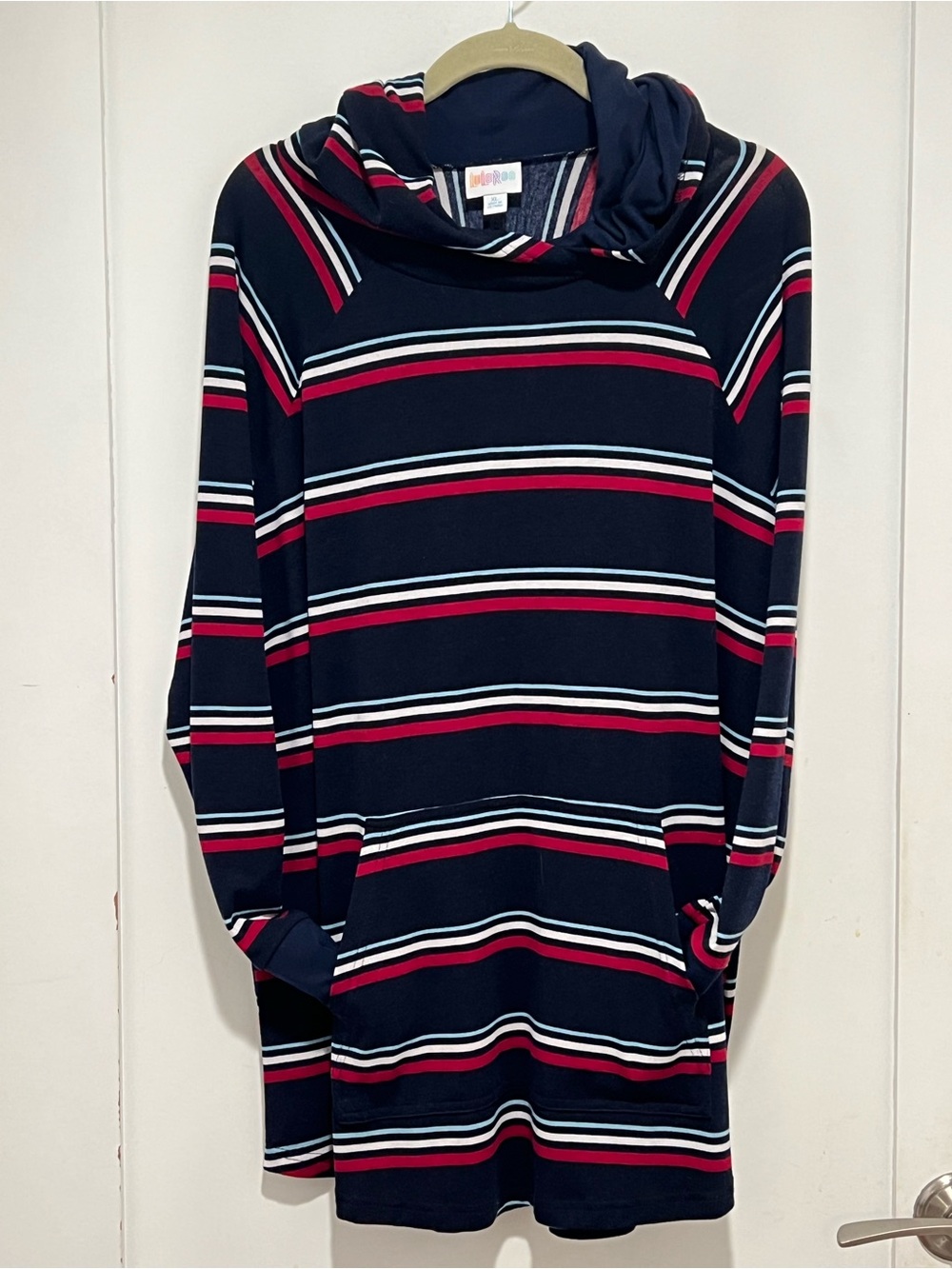 🎈3/$45 LuLaRoe XL Navy Red & White Striped Pullover Hoodie | Kangaroo Pocket